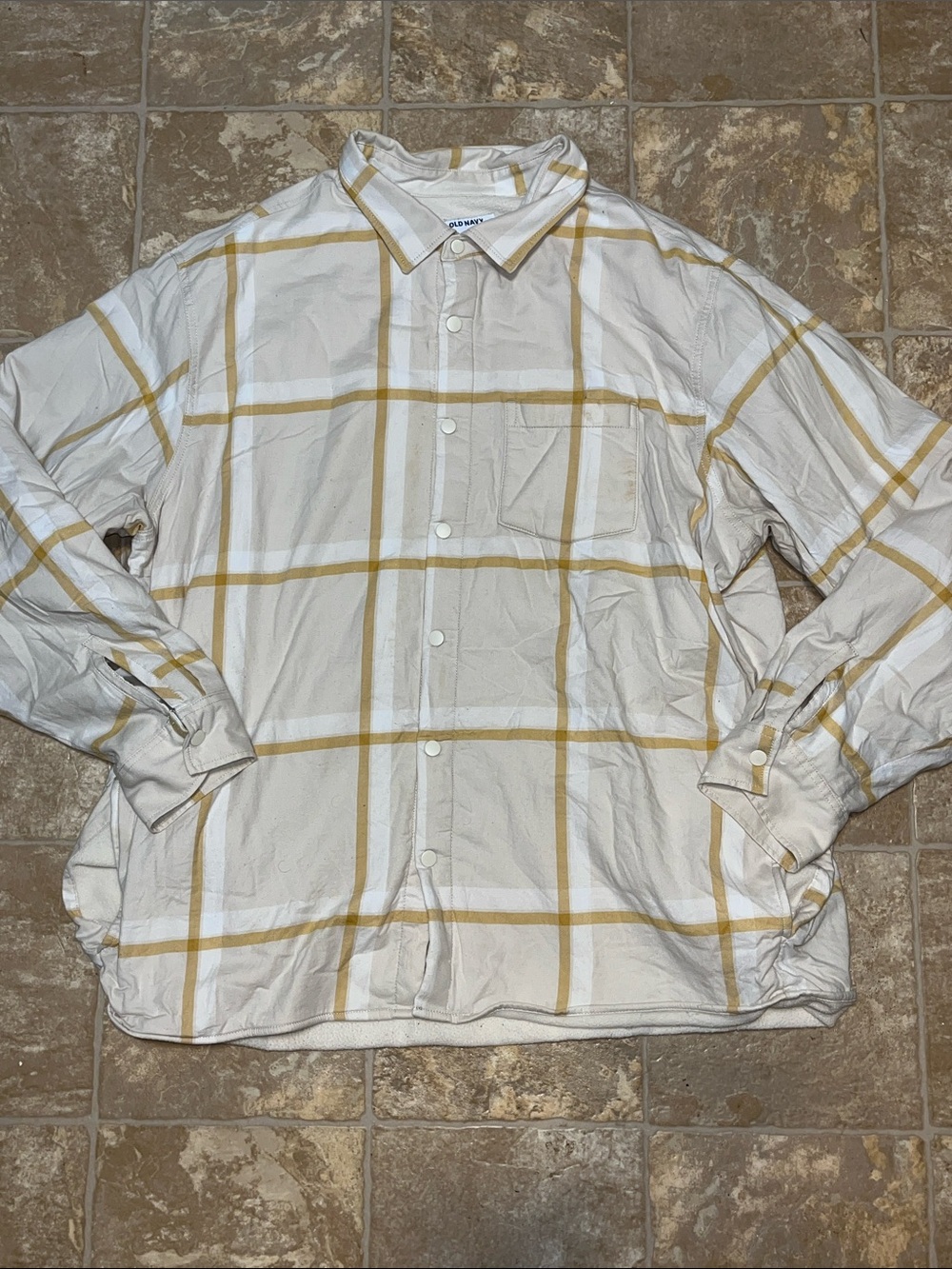 Old Navy White Button-Down Lined Shirt with Yellow Windowpane Plaid